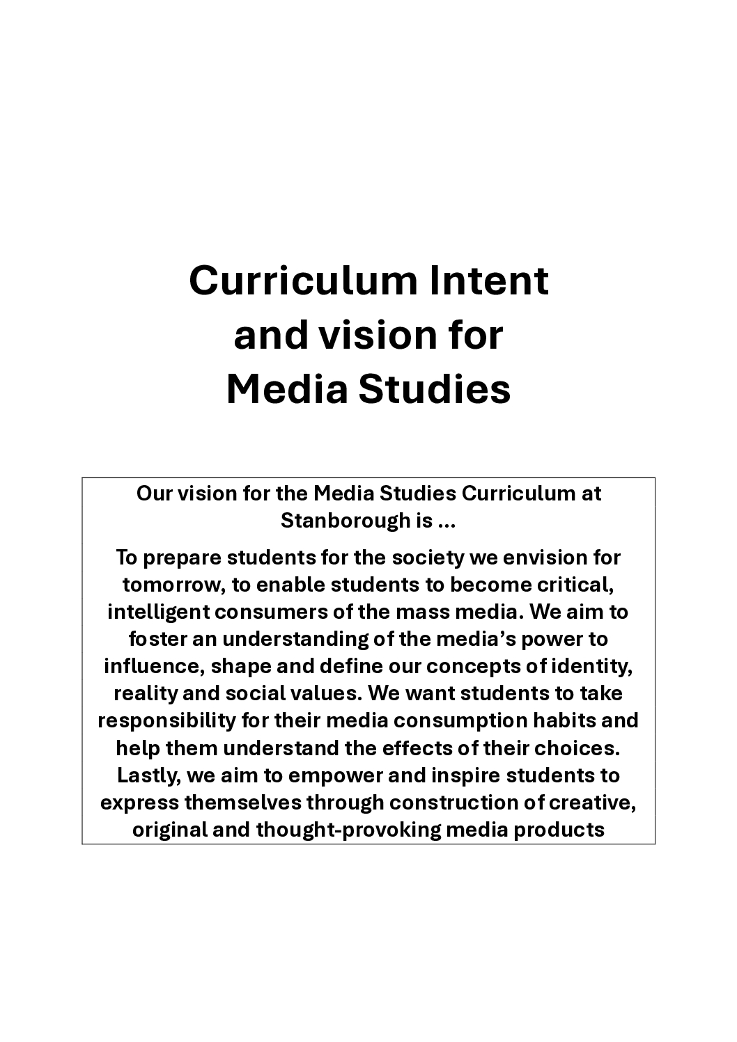 Curriculum Intent Media Studies 2026 PDF Version