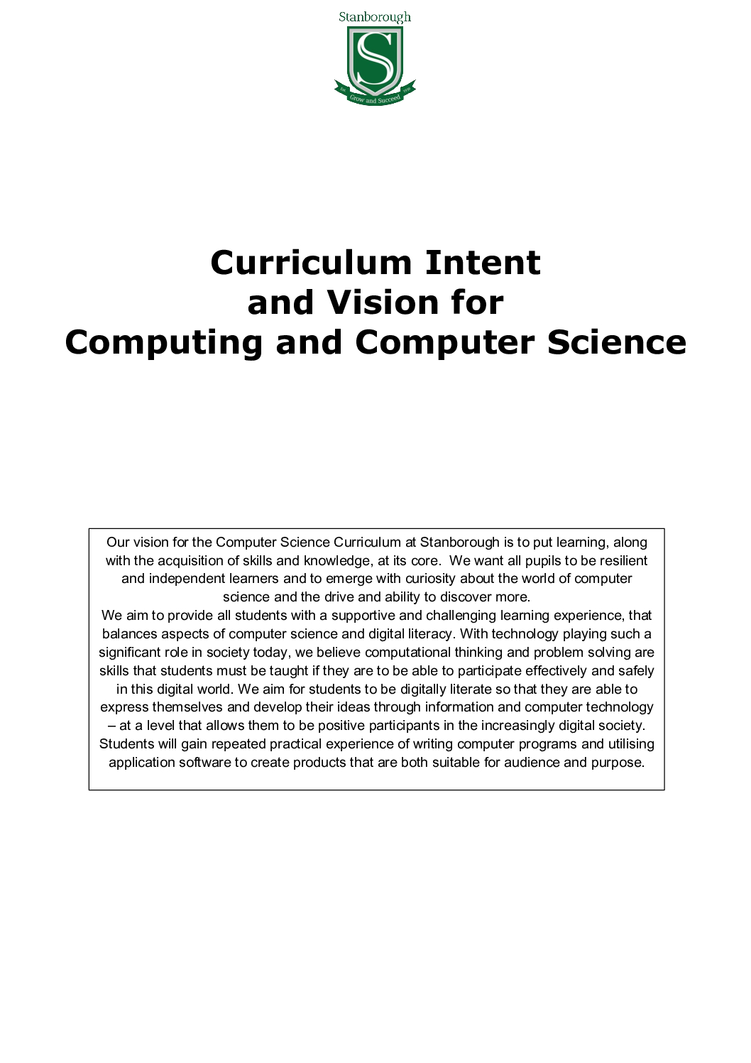 Curriculum intent and vision – Computer Science KS3, 4 and 5