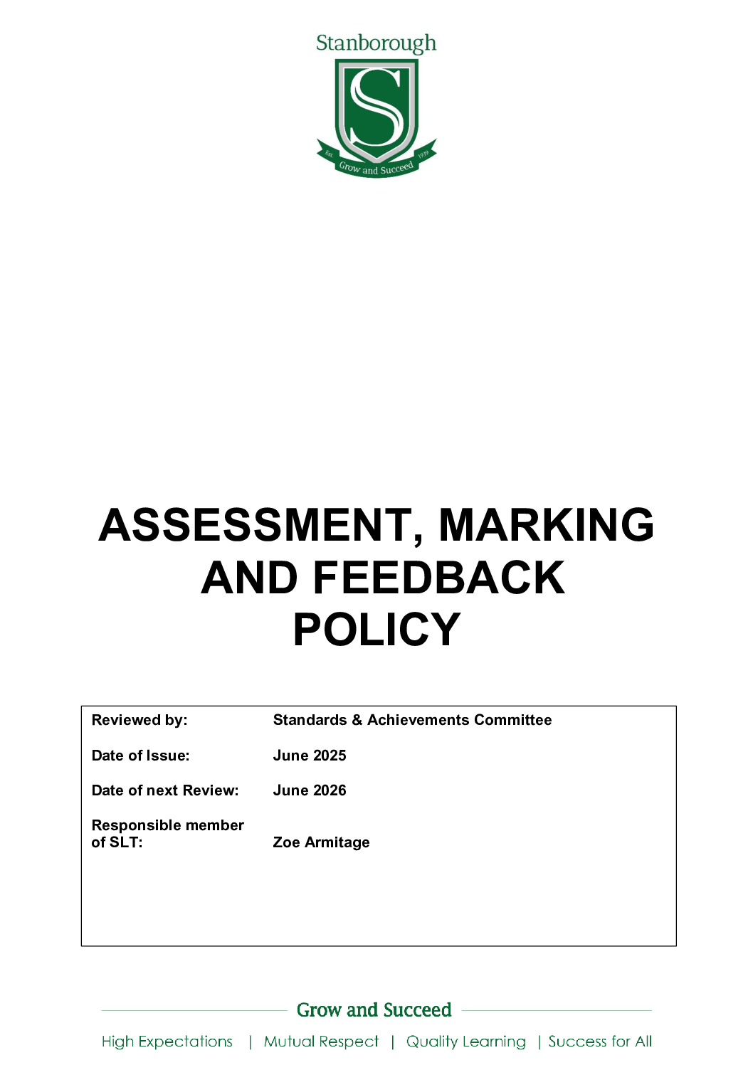 Assessment marking and feedback Policy