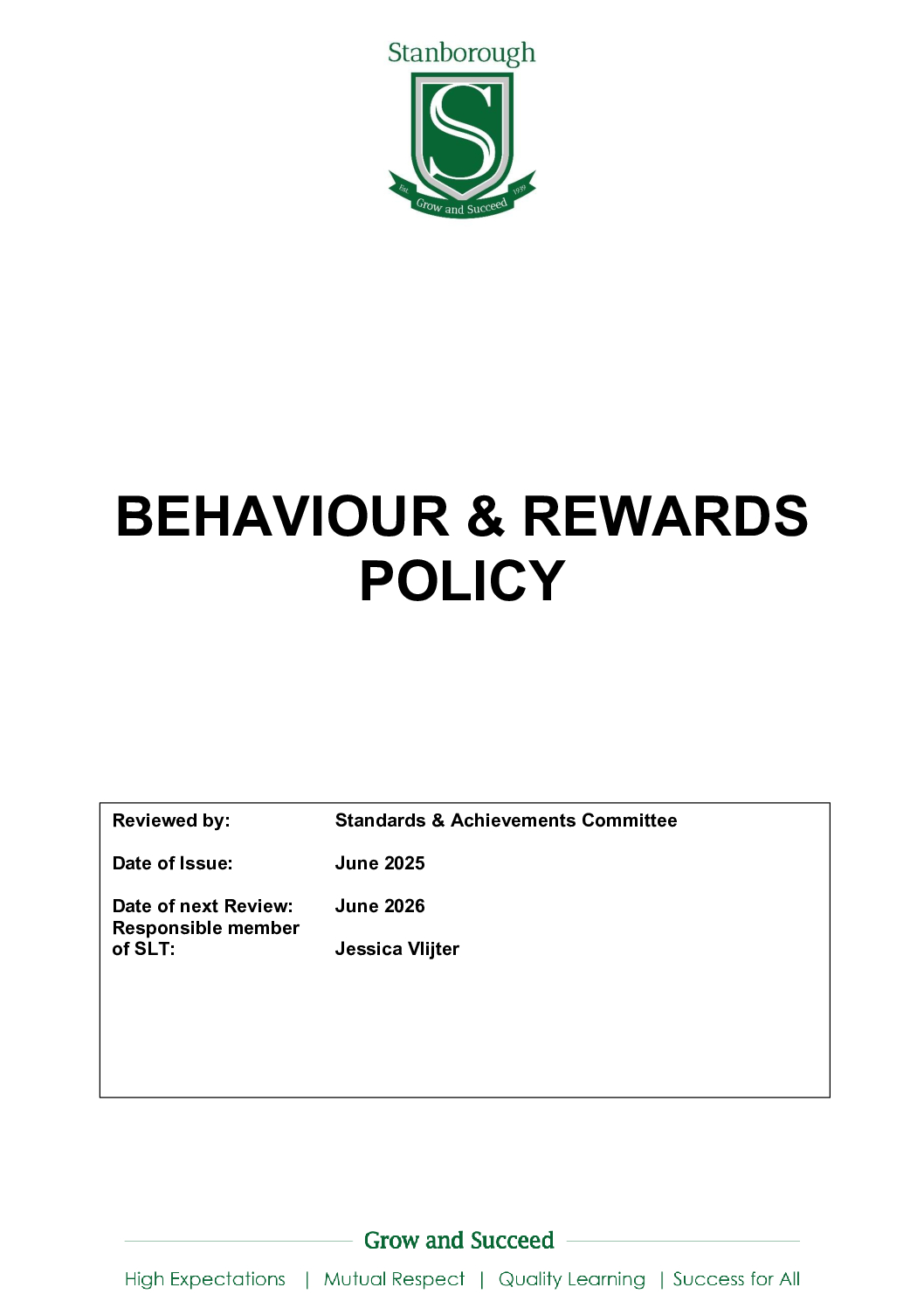 Behaviour and Rewards Policy