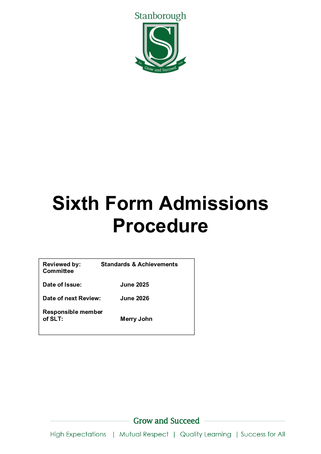 SIXTH FORM ADMISSIONS PROCEDURE