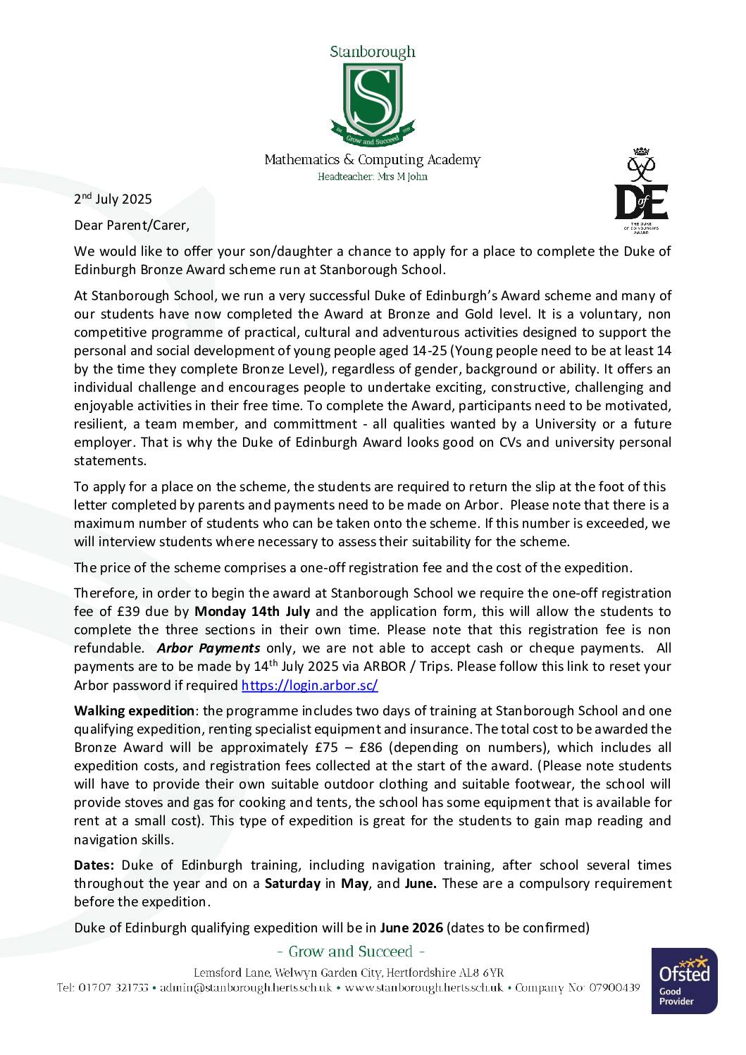 DofE Year 8 into 9 Launch Letter