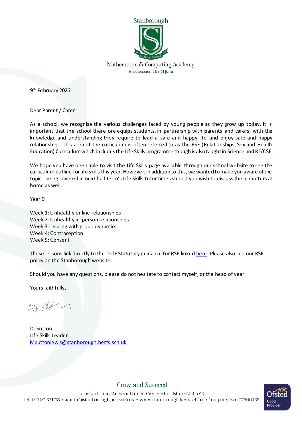 Year 9 Life Skills HT Letter