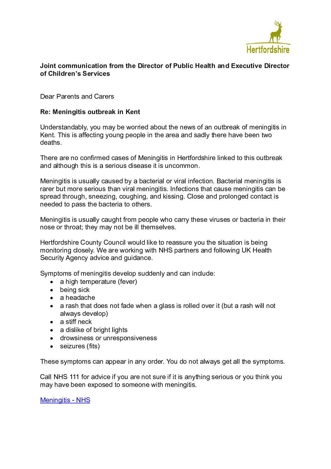 HCC Parent Mail Meningitis 19.3.2026