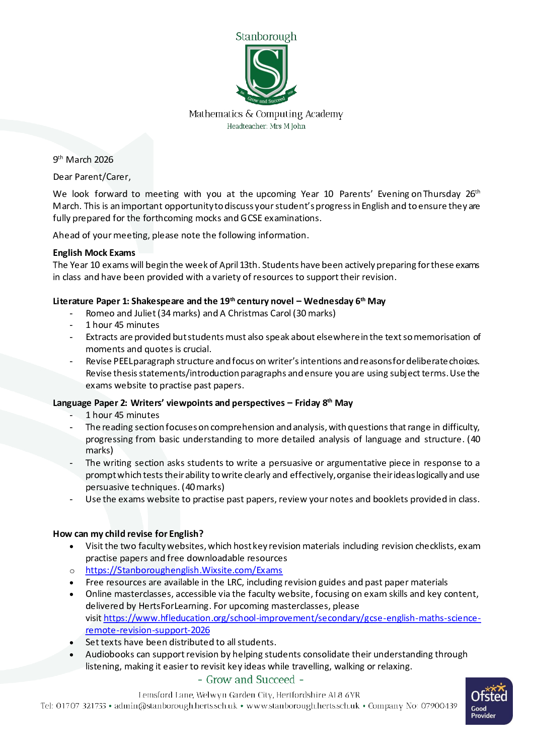 Year 10 Parents’ Evening English Department Letter