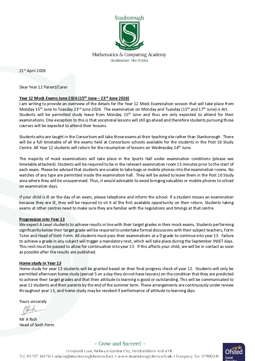 Year 12 Mock Exams letter June 2026