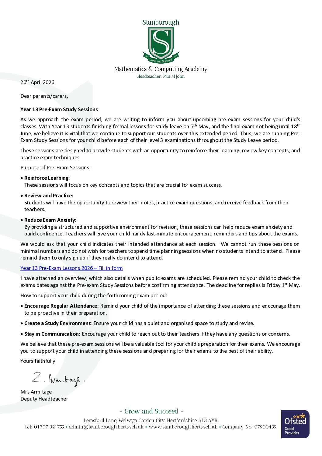 Year 13 Pre-Exam Study Sessions Letter 2026