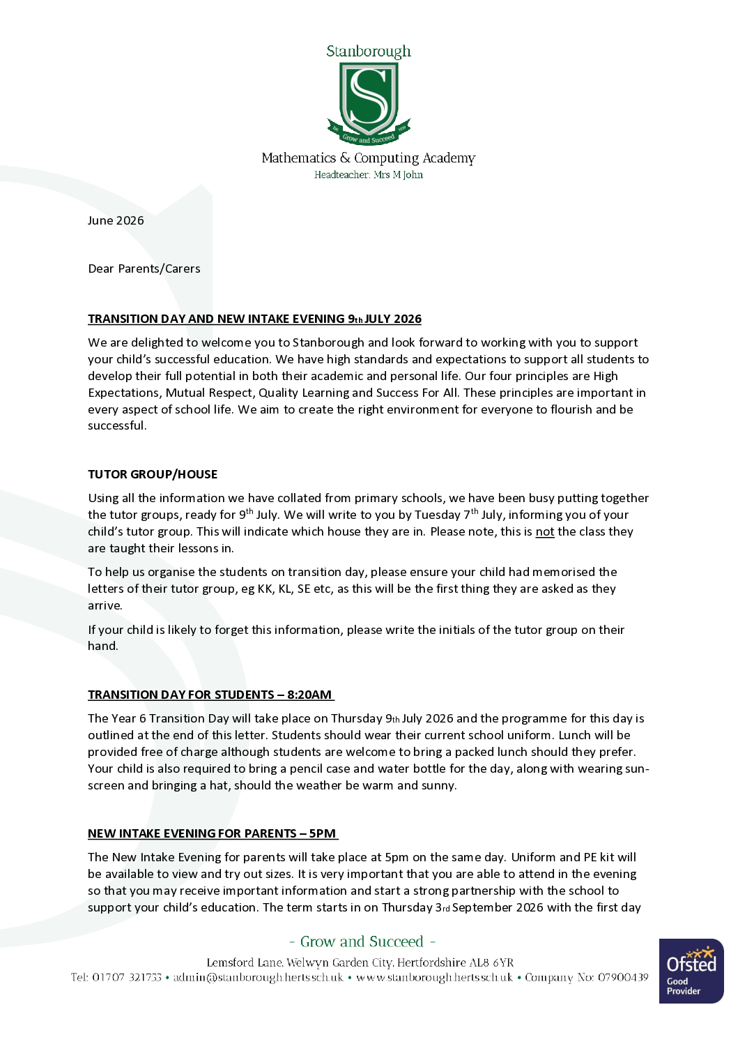 090726 Y7 Transition Day Letter
