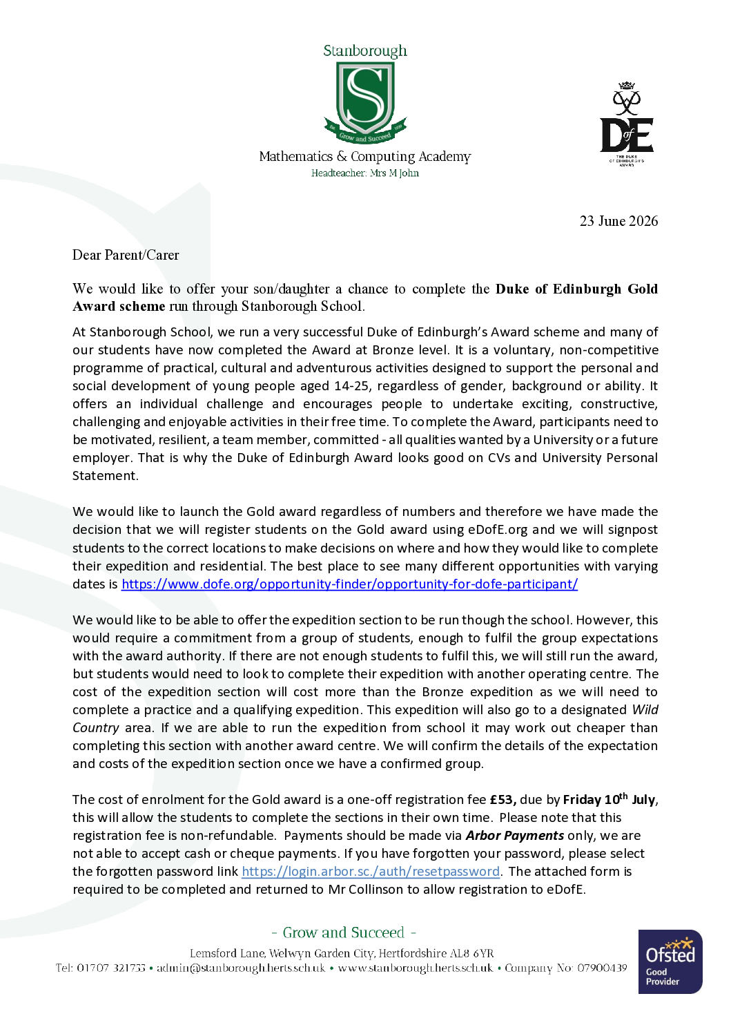 Gold Duke of Edinburgh letter