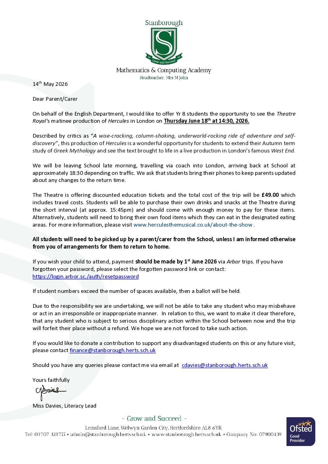 Hercules theatre trip letter Year 8