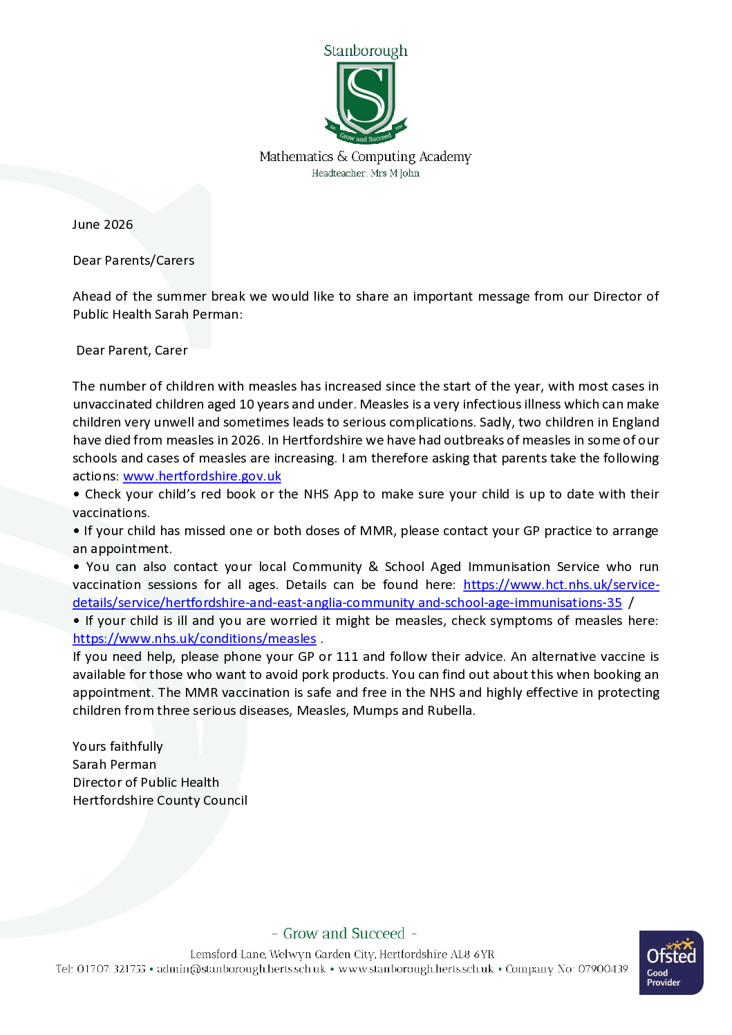 Measles letter June 2026