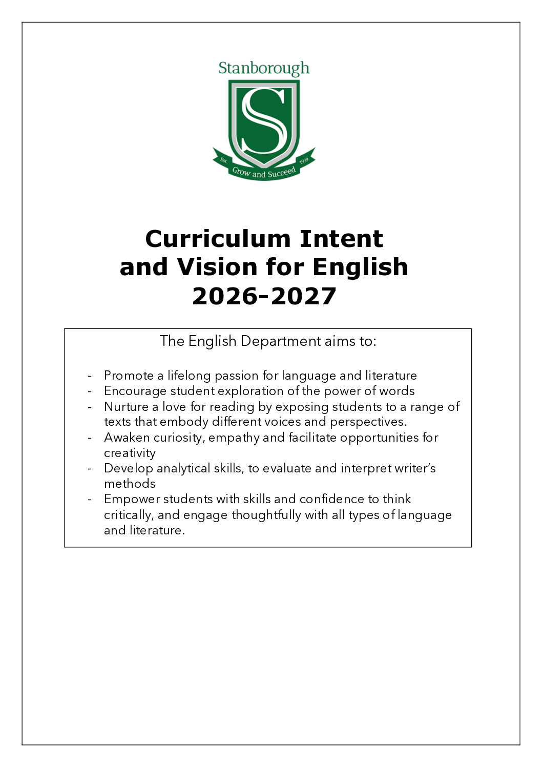 Curriculum Intent and Vision 2026-2027