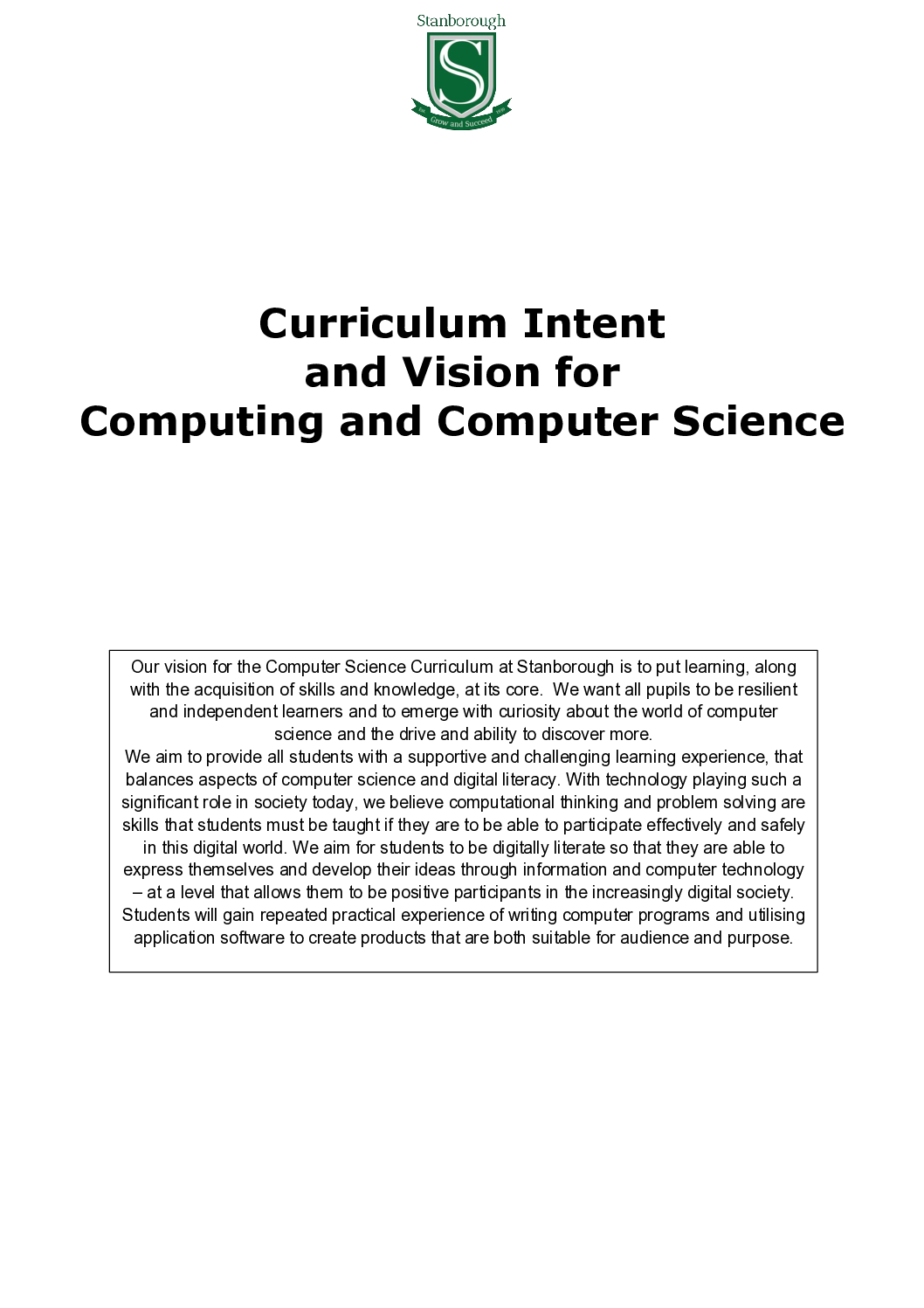 Curriculum intent – Computer Science KS3, 4 and 5