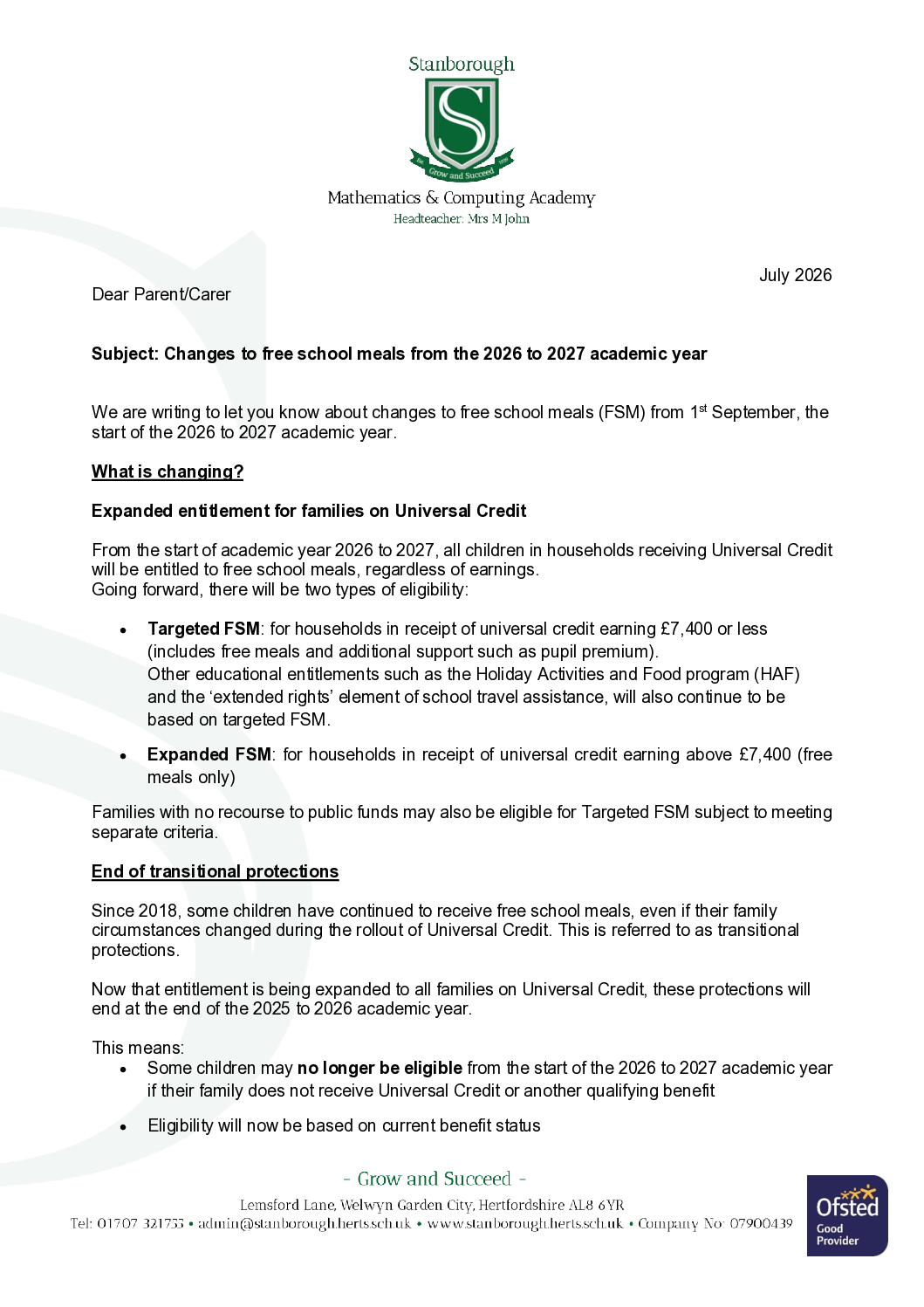 FSM changes information letter