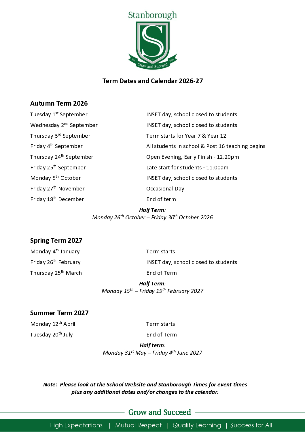 Parent Calendar 2026-27
