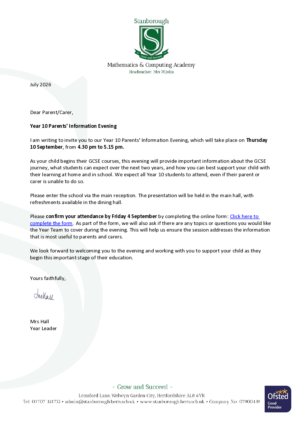 Y10 Parents’ Information Evening 2026 – Letter