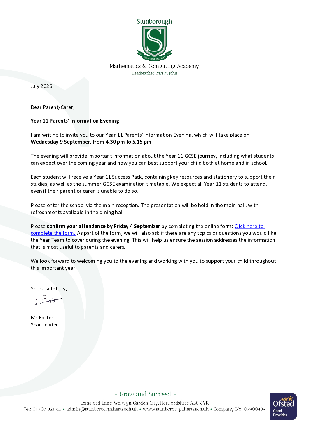 Y11 Parents’ Information Evening 2026 – Letter