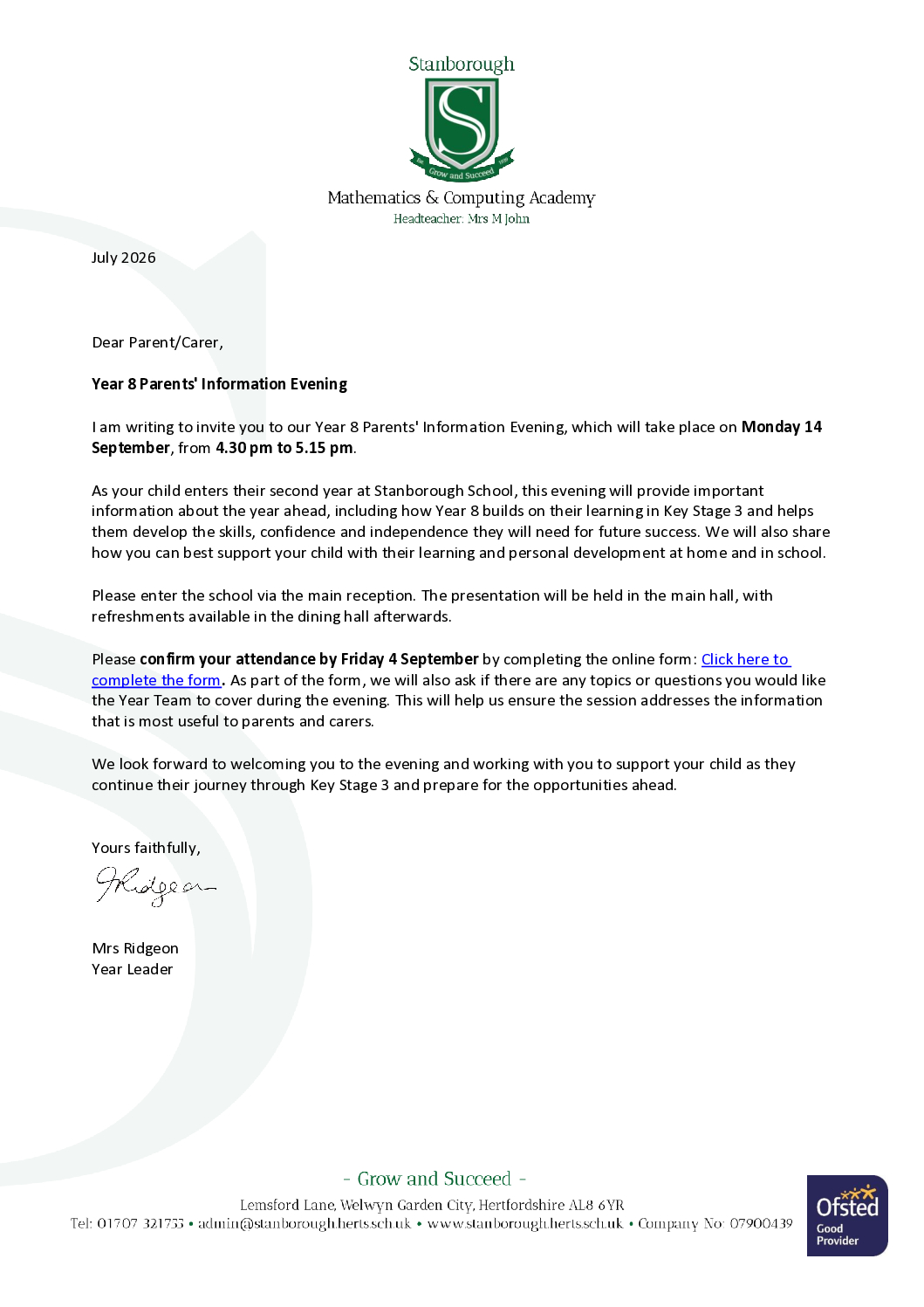 Y8 Parents’ Information Evening 2026 – Letter