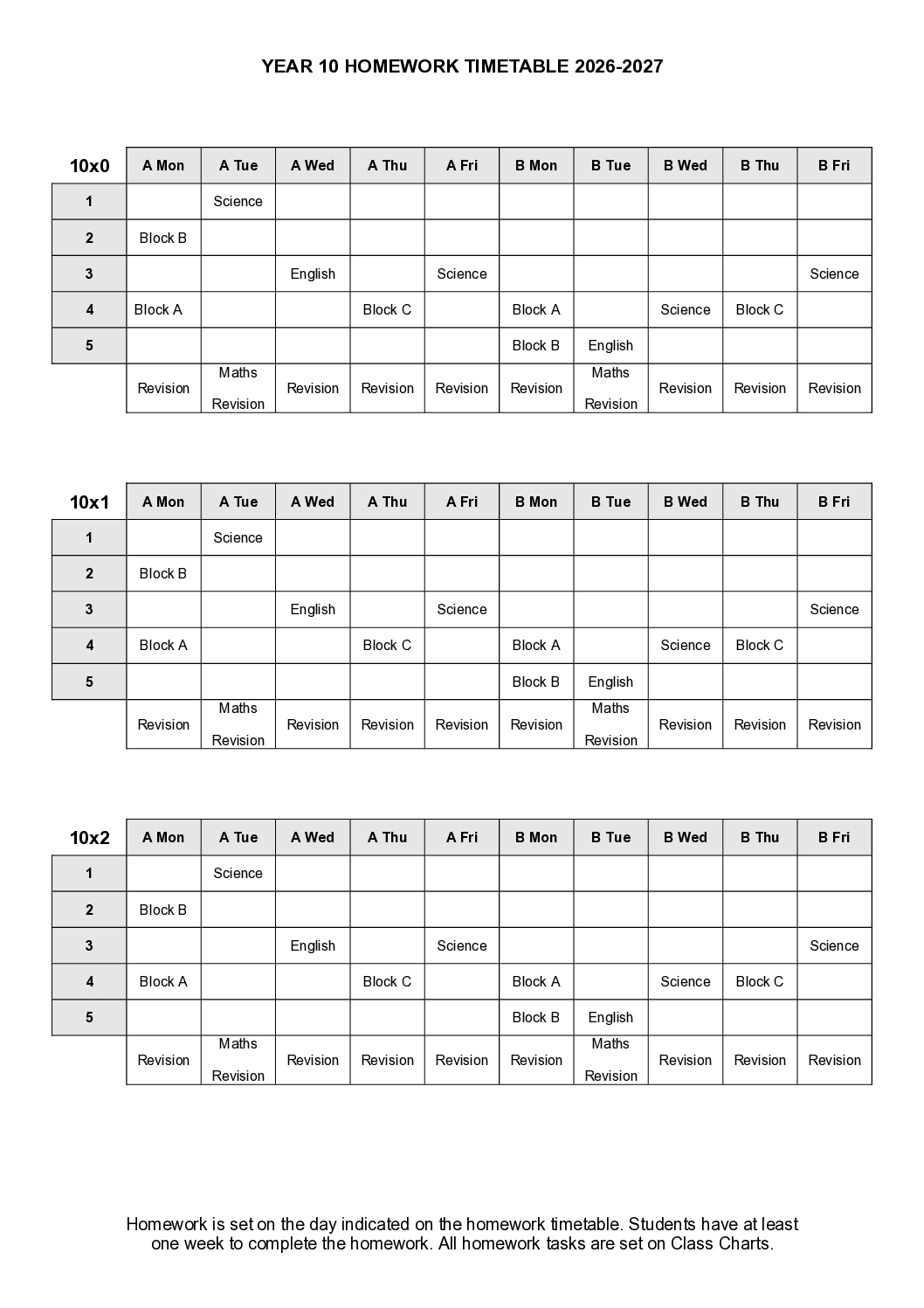 2026-2027 Homework timetable Y10