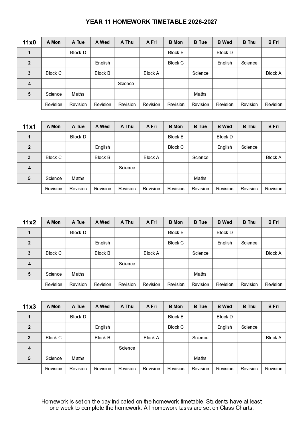2026-2027 Homework timetable Y11