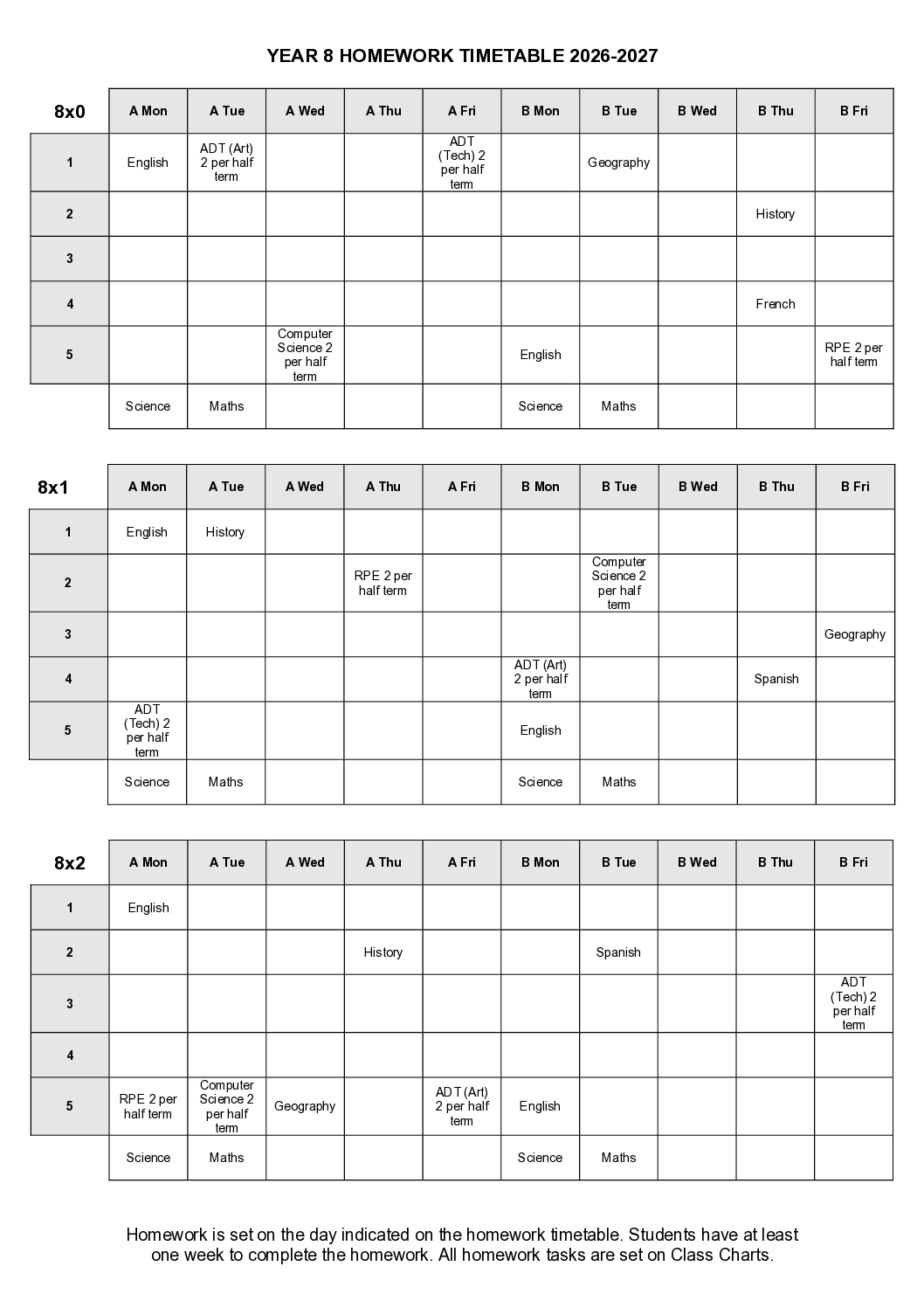 2026-2027 Homework timetable Y8