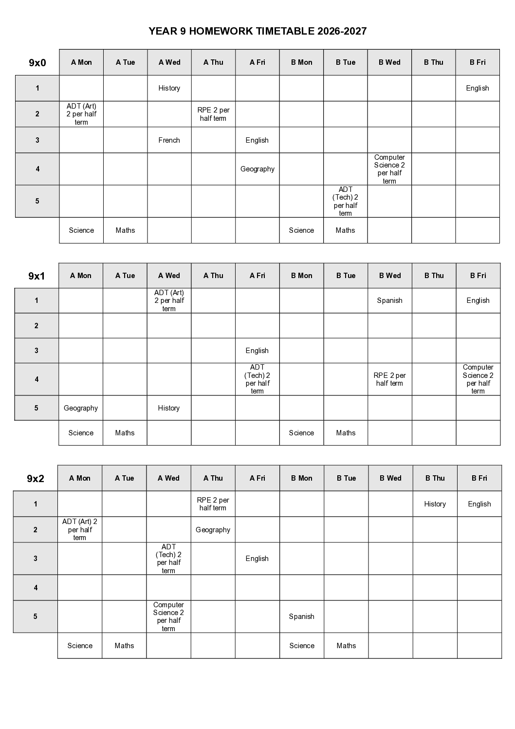 2026-2027 Homework timetable Y9