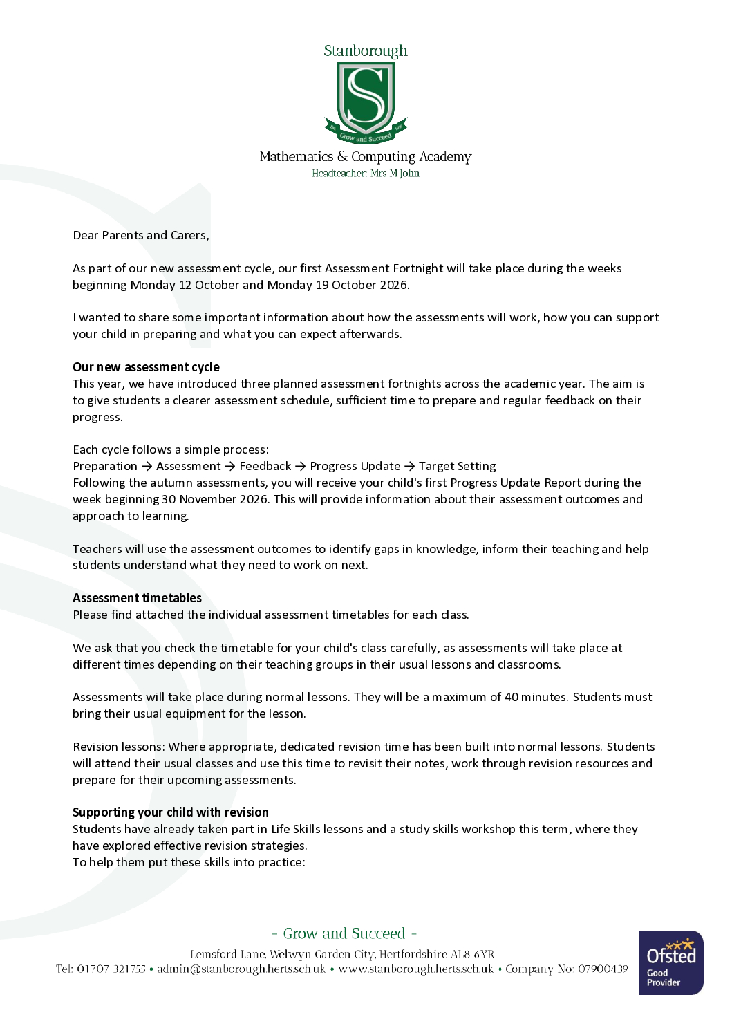 Assessment Cycle letter