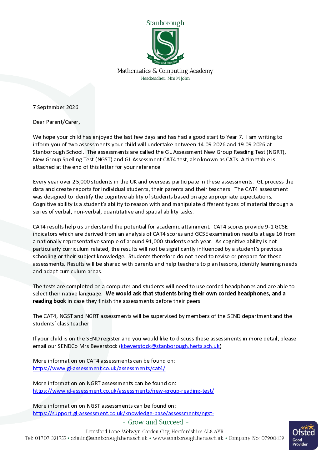 CATS letter Year 7