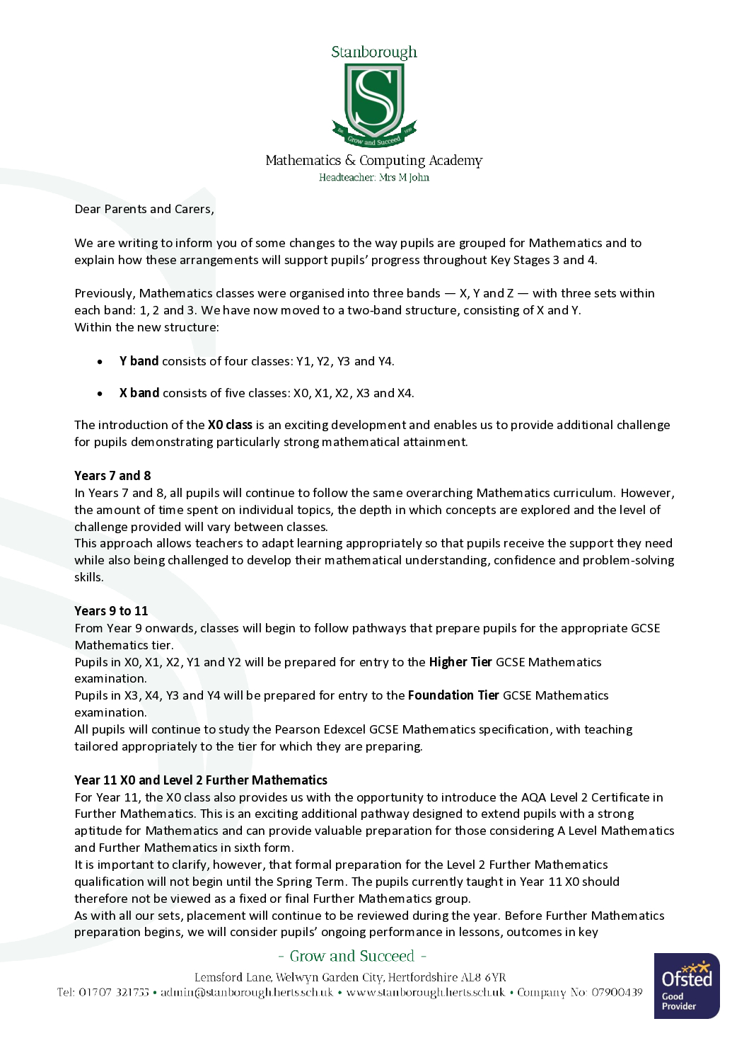 Maths setting 2026-27