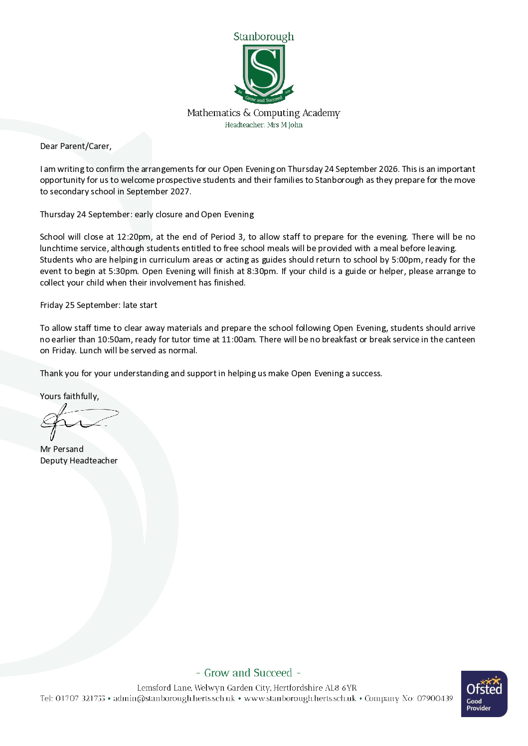 Open Evening letter 2026