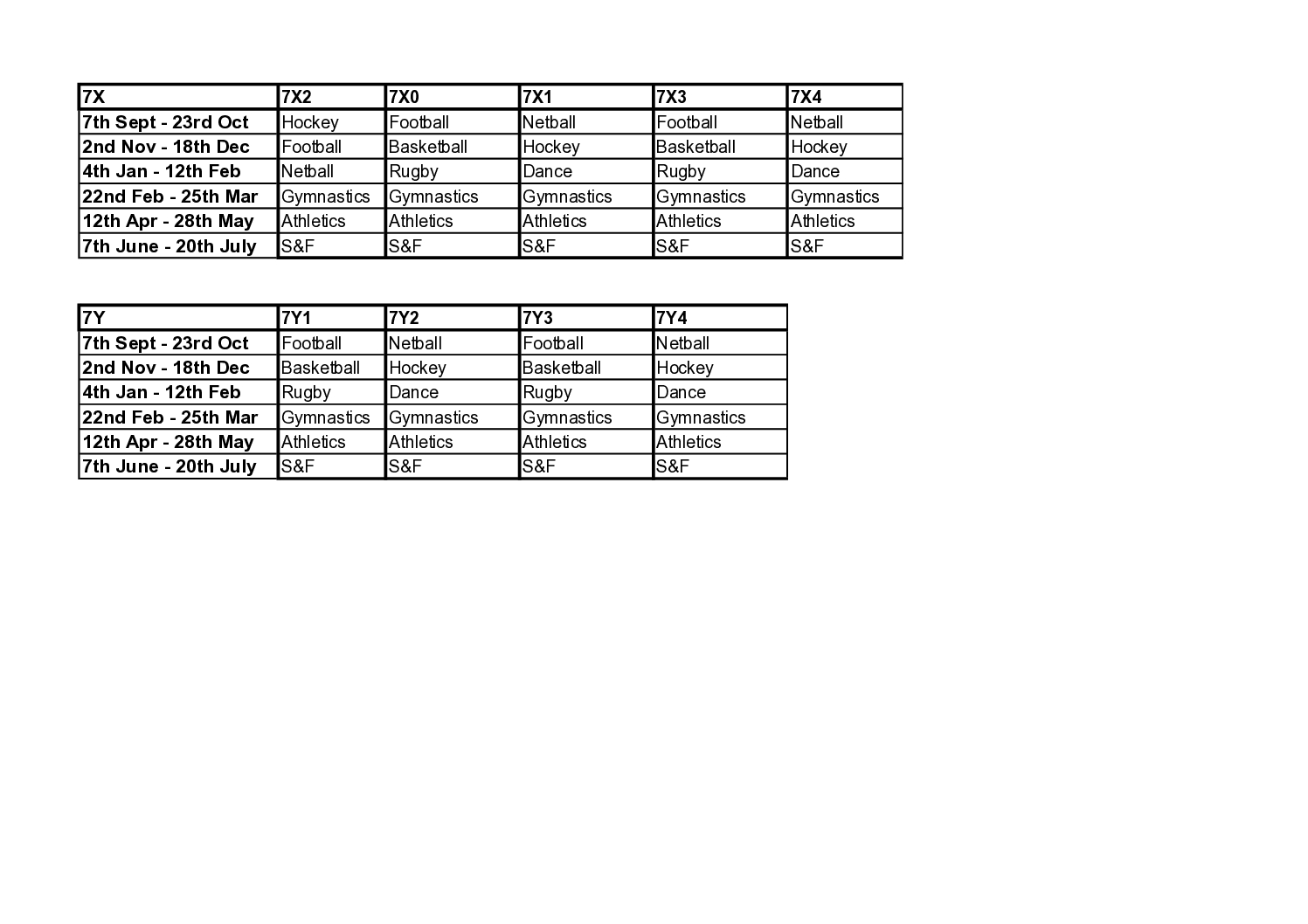PE timetable groupings 2026-27
