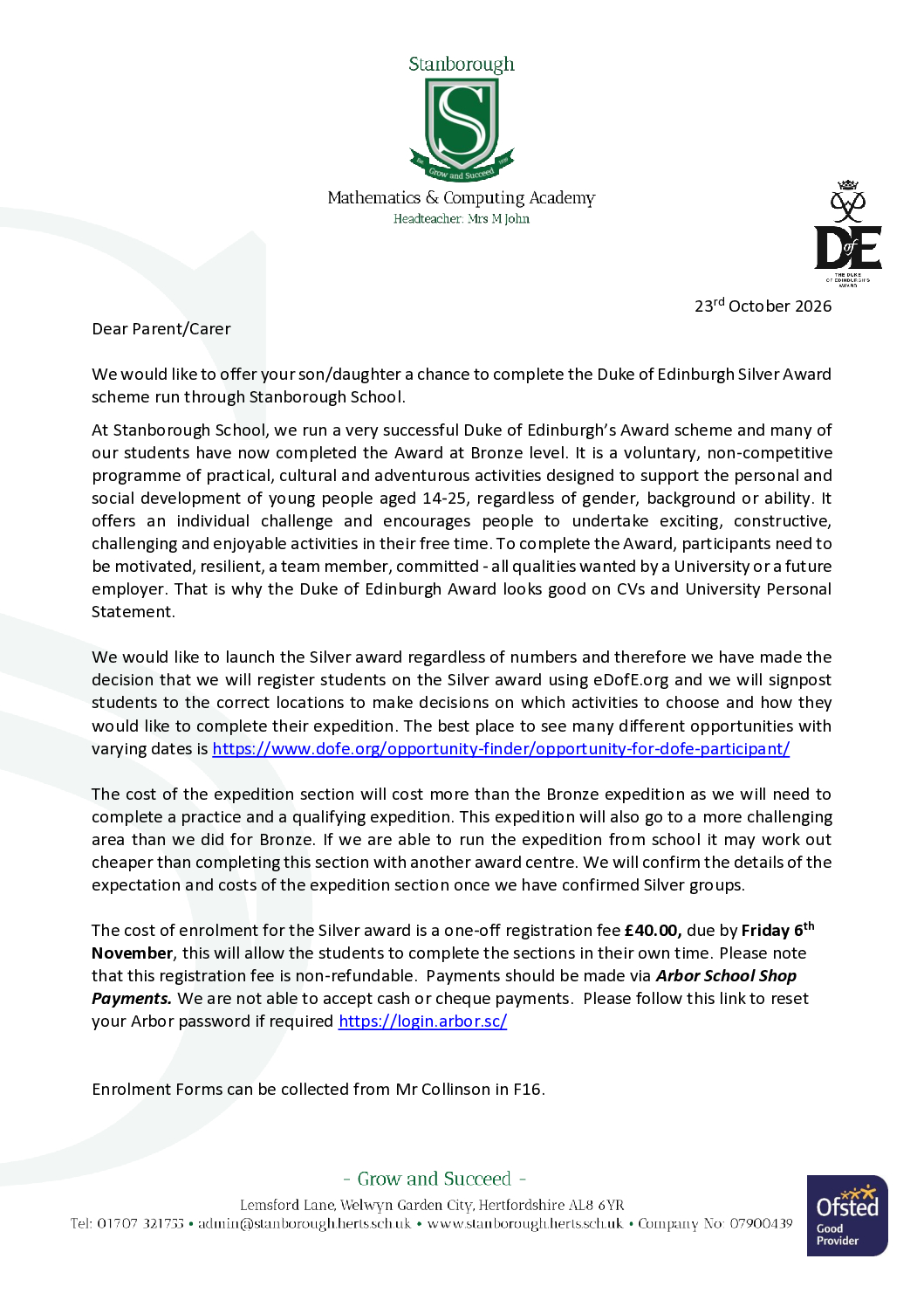 Introduction letter – Silver DofE launch