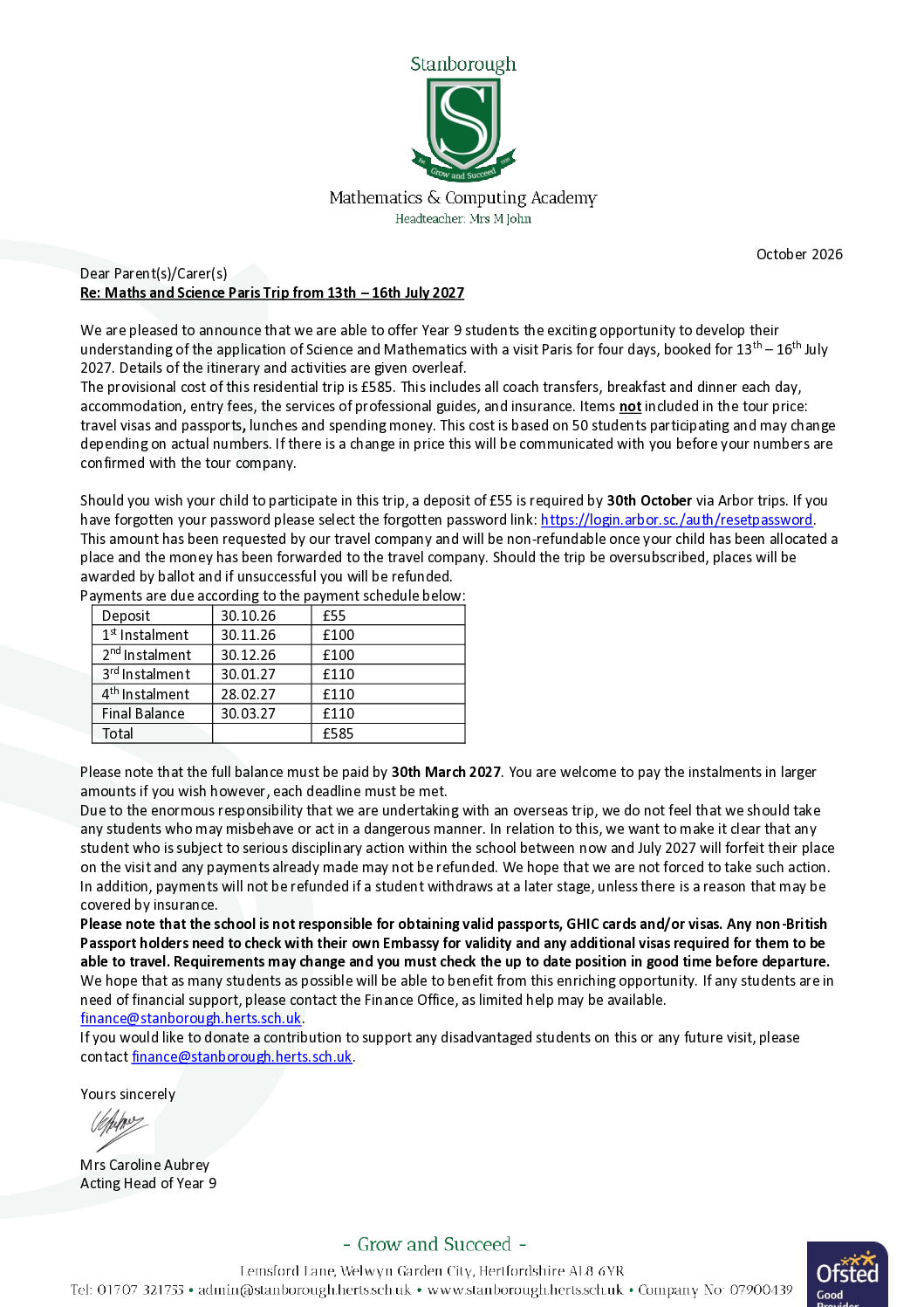 Paris trip letter