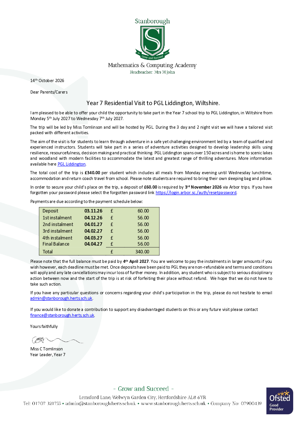 Year 7 PGL trip letter